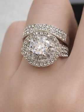 Round Halo CZ Statement Ring in Silver Tone